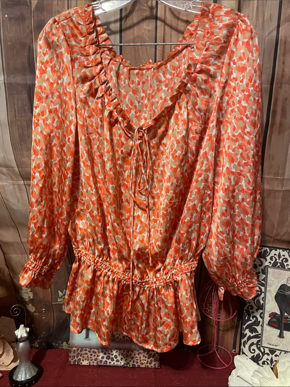 Source Unknown Orange Floral Ruffle Tie-Front Tunic